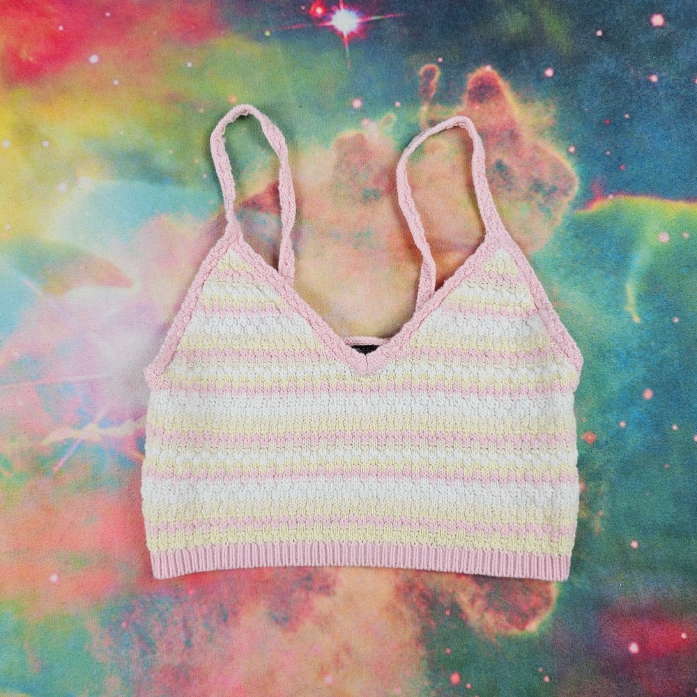 Cropped Knit Tank Top Striped Pink Yellow White V Neck Spaghetti Strap